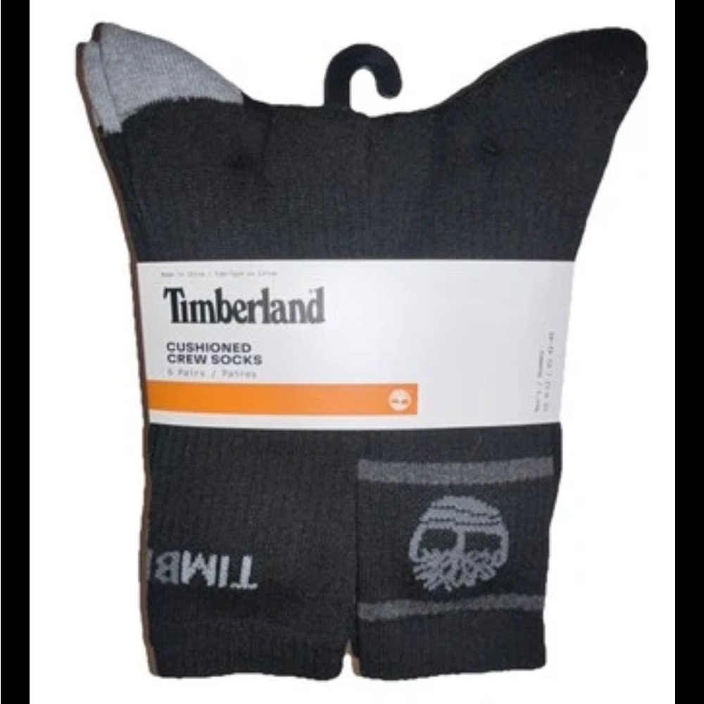 Timberland Cushioned Crew Socks 6 Pair Men 9-12 Black Gray w Mixed Logo NEW! $36